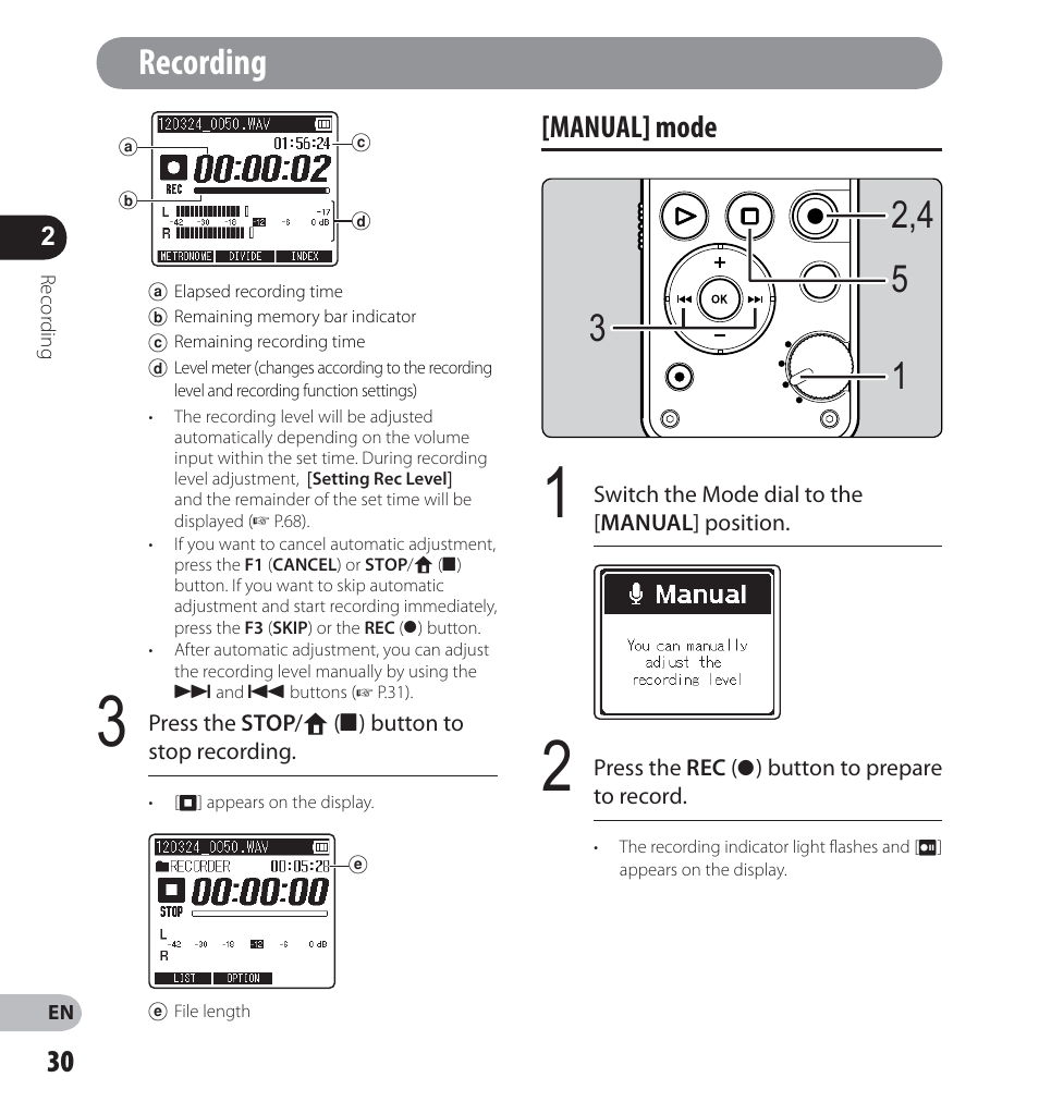 Recording, Manual ] mode | Olympus LS-12 User Manual | Page 30 / 100