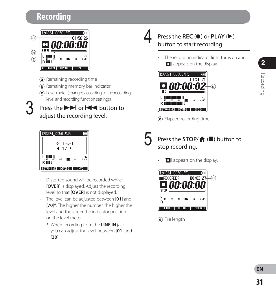 Recording | Olympus LS-12 User Manual | Page 31 / 100