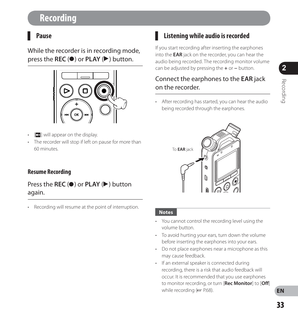 Recording, Pause, Listening while audio is recorded | Olympus LS-12 User Manual | Page 33 / 100