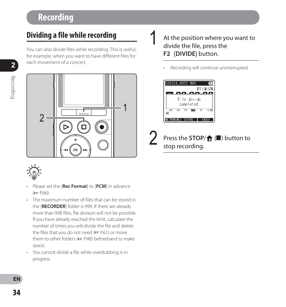 Recording, Dividing a file while recording | Olympus LS-12 User Manual | Page 34 / 100