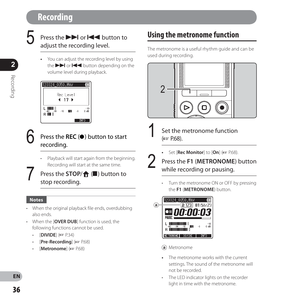 Recording, Using the metronome function | Olympus LS-12 User Manual | Page 36 / 100
