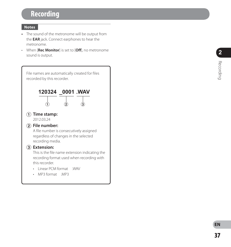 Recording | Olympus LS-12 User Manual | Page 37 / 100