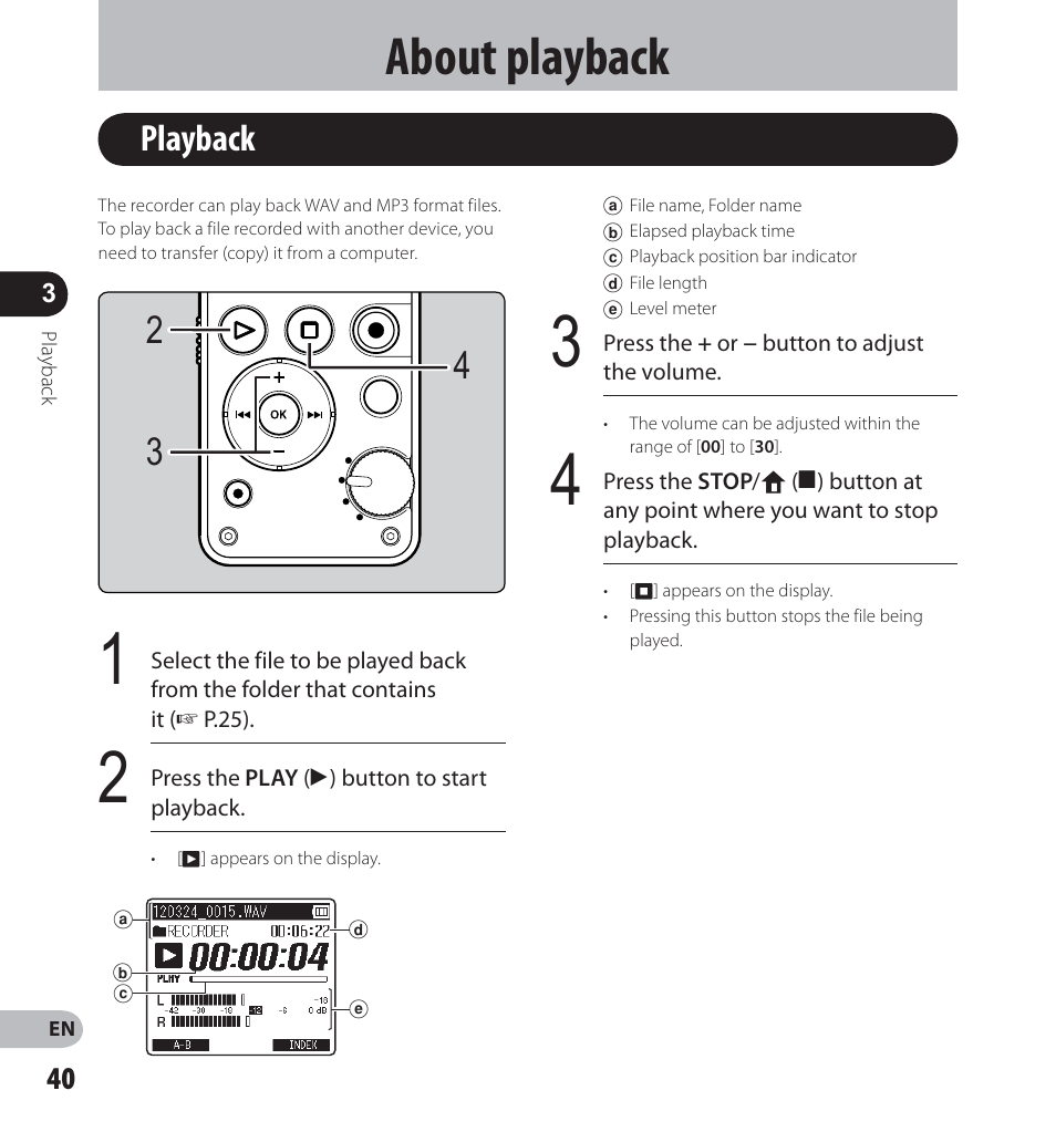 About playback, Playback | Olympus LS-12 User Manual | Page 40 / 100