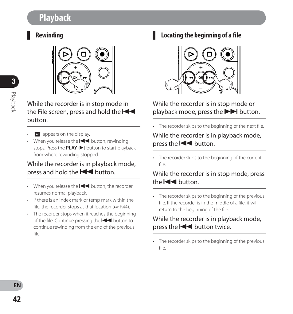 Playback, Rewinding, Locating the beginning of a file | Olympus LS-12 User Manual | Page 42 / 100