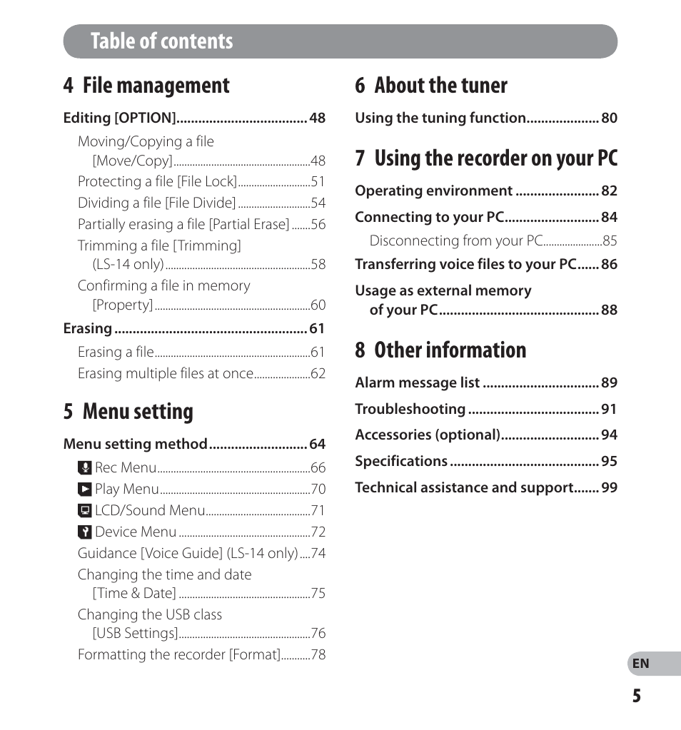 Table of contents 4 file management, 5 menu setting, 6 about the tuner | 7 using the recorder on your pc, 8 other information | Olympus LS-12 User Manual | Page 5 / 100