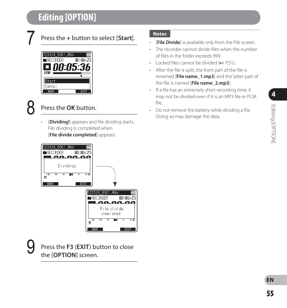 Editing [option | Olympus LS-12 User Manual | Page 55 / 100