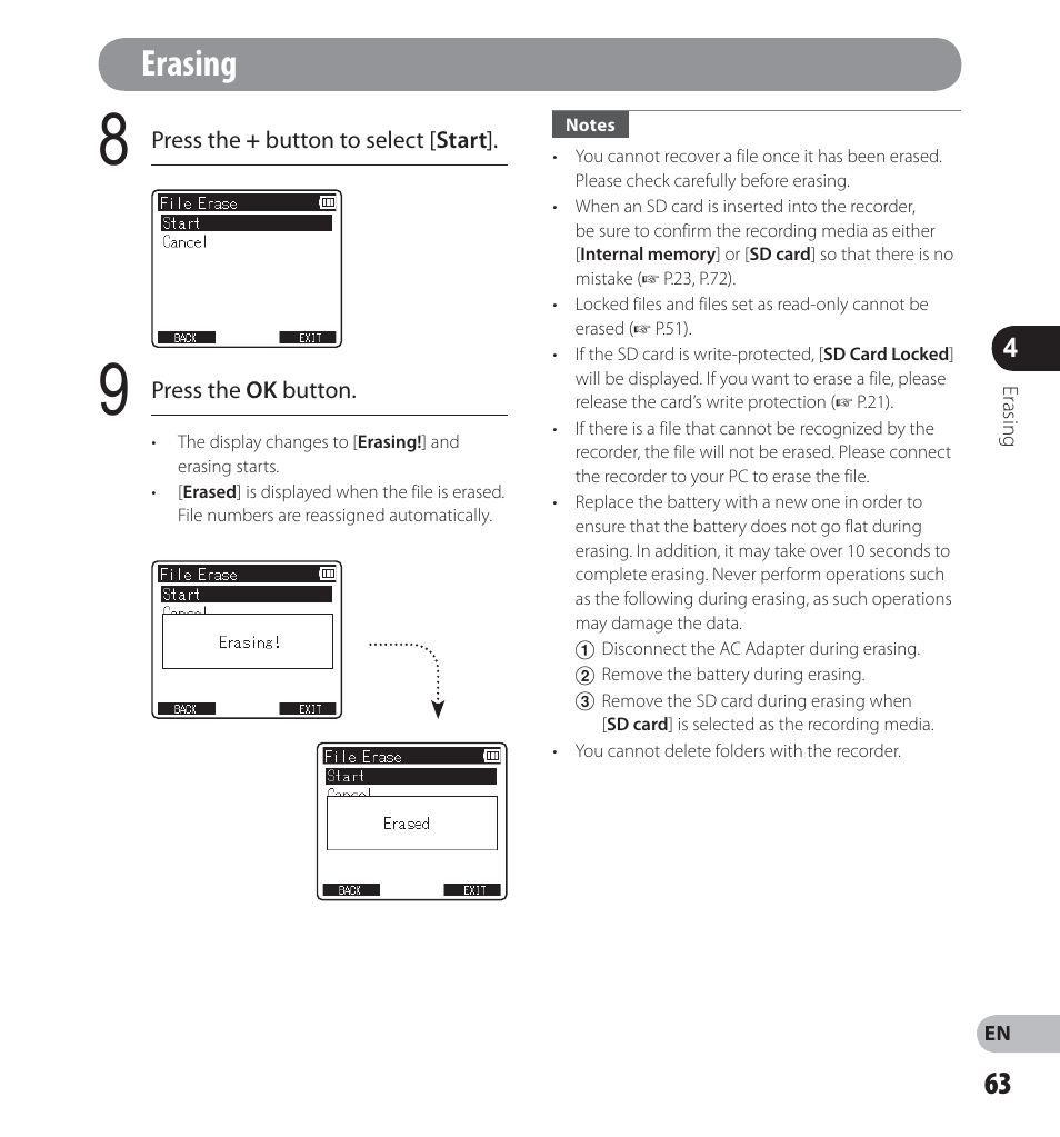 Erasing | Olympus LS-12 User Manual | Page 63 / 100