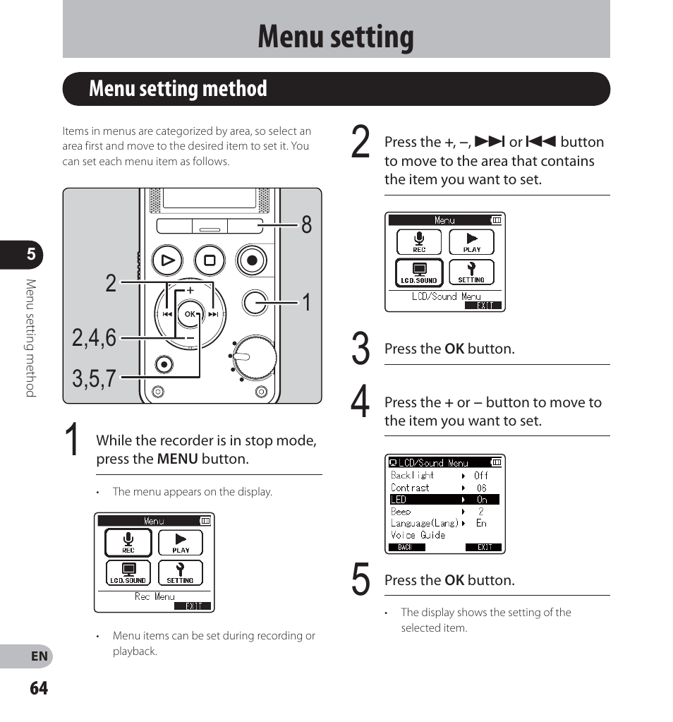 Menu setting, Menu setting method | Olympus LS-12 User Manual | Page 64 / 100