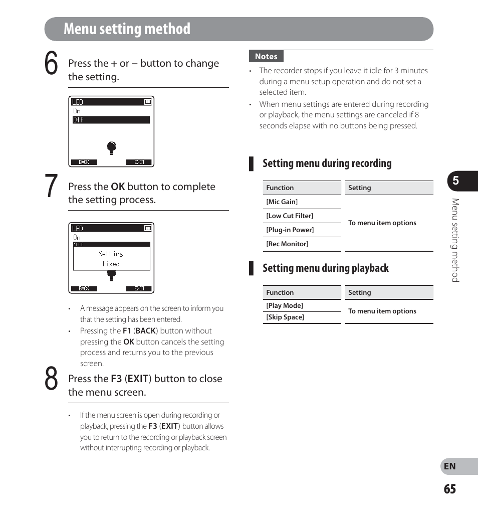 Menu setting method | Olympus LS-12 User Manual | Page 65 / 100