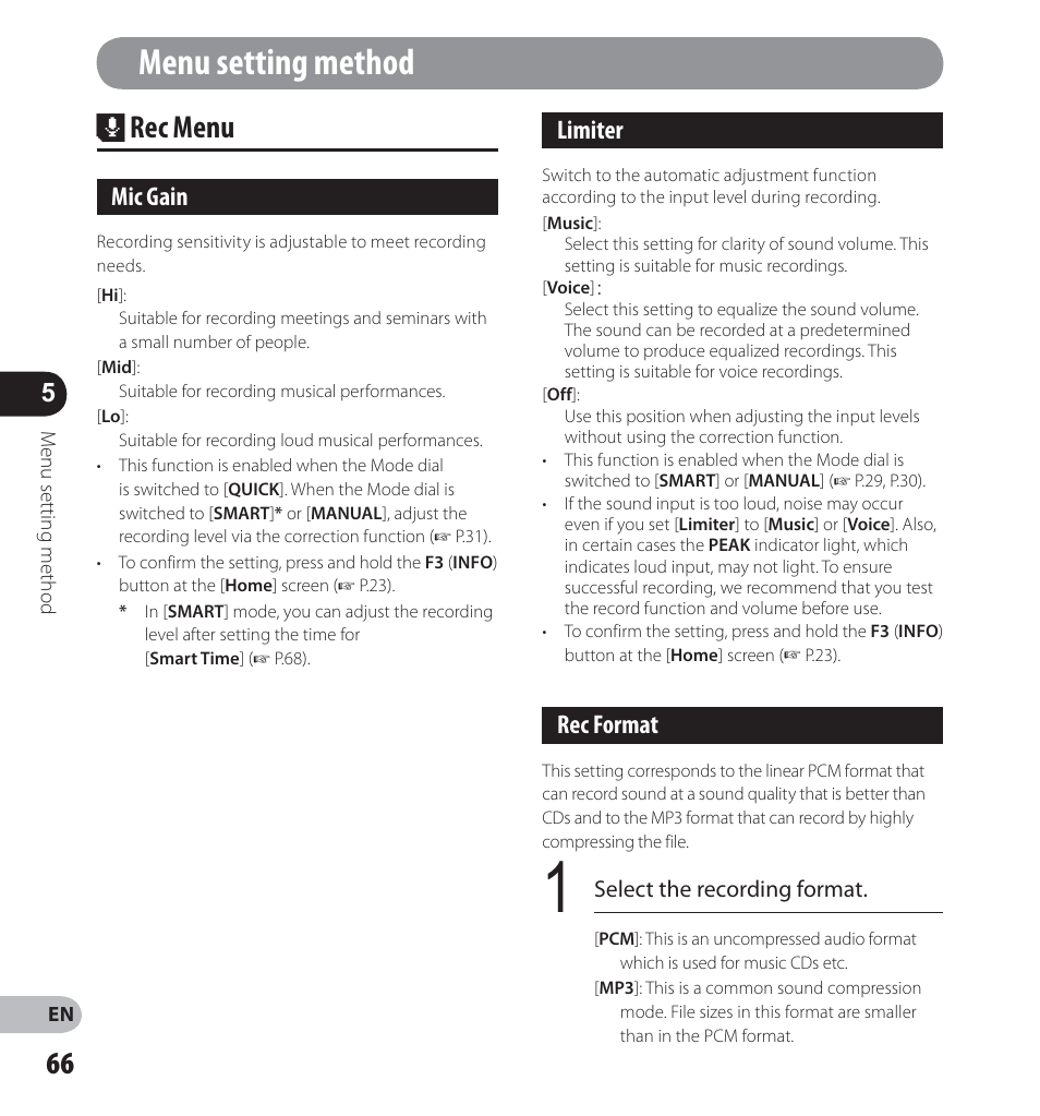 Menu setting method, Rec menu, Mic gain | Limiter, Rec format | Olympus LS-12 User Manual | Page 66 / 100