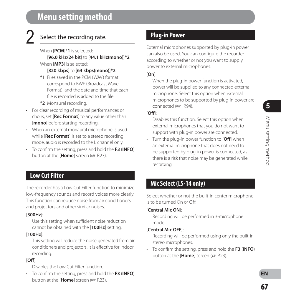 Menu setting method, Low cut filter, Plug-in power | Mic select (ls-14 only) | Olympus LS-12 User Manual | Page 67 / 100