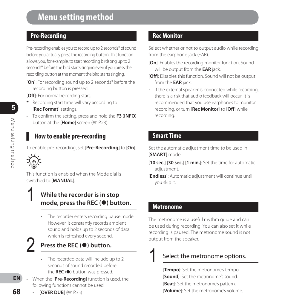 Menu setting method | Olympus LS-12 User Manual | Page 68 / 100