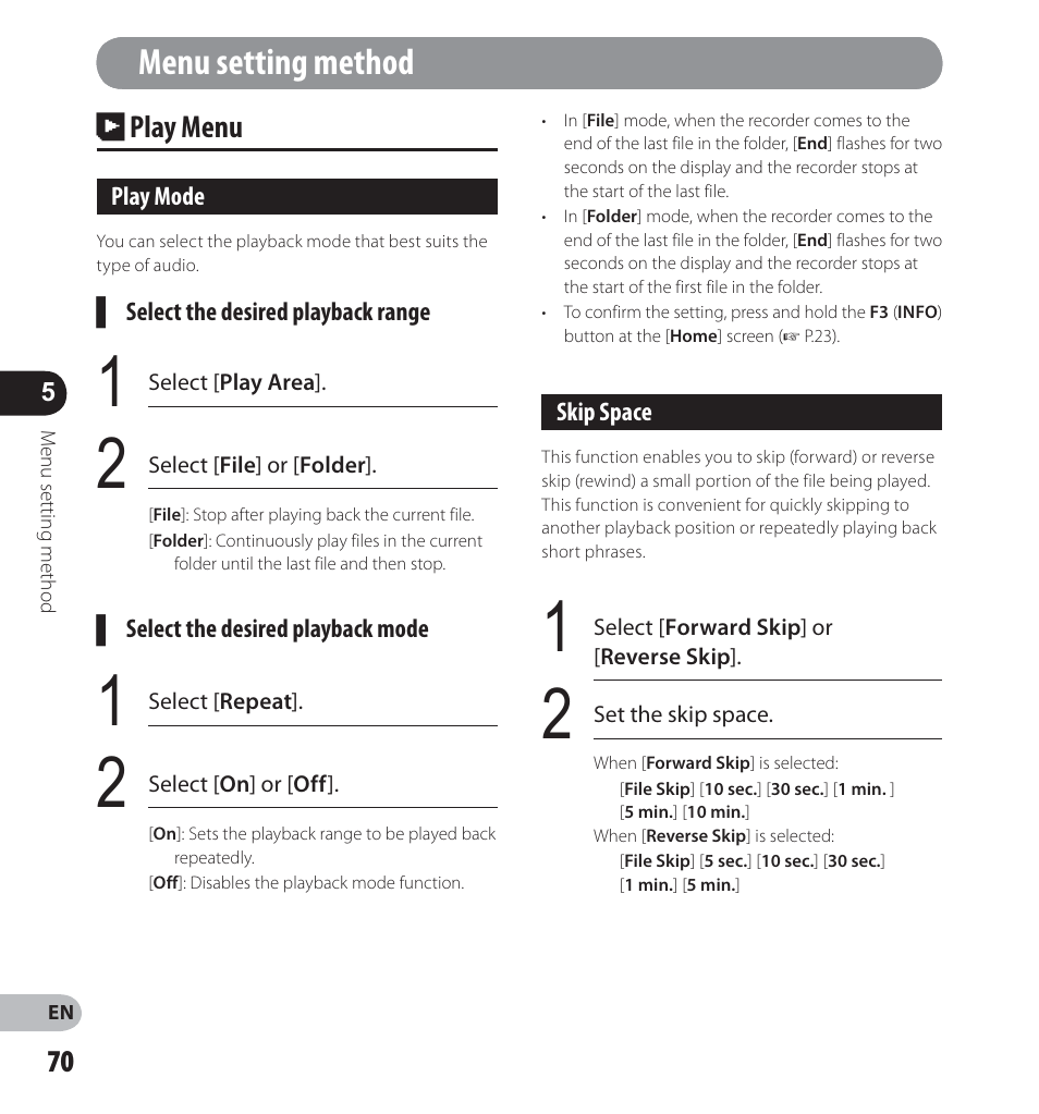 Menu setting method, Play menu | Olympus LS-12 User Manual | Page 70 / 100