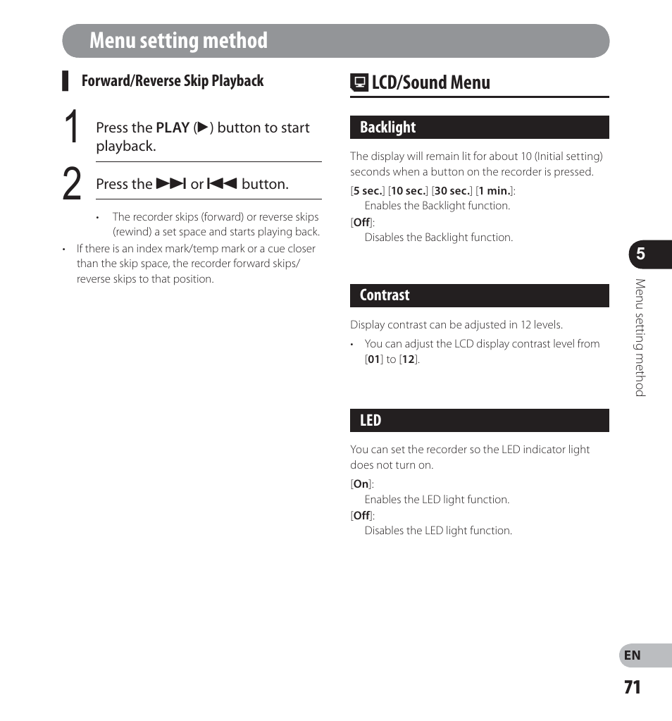 Menu setting method, Lcd/sound menu | Olympus LS-12 User Manual | Page 71 / 100