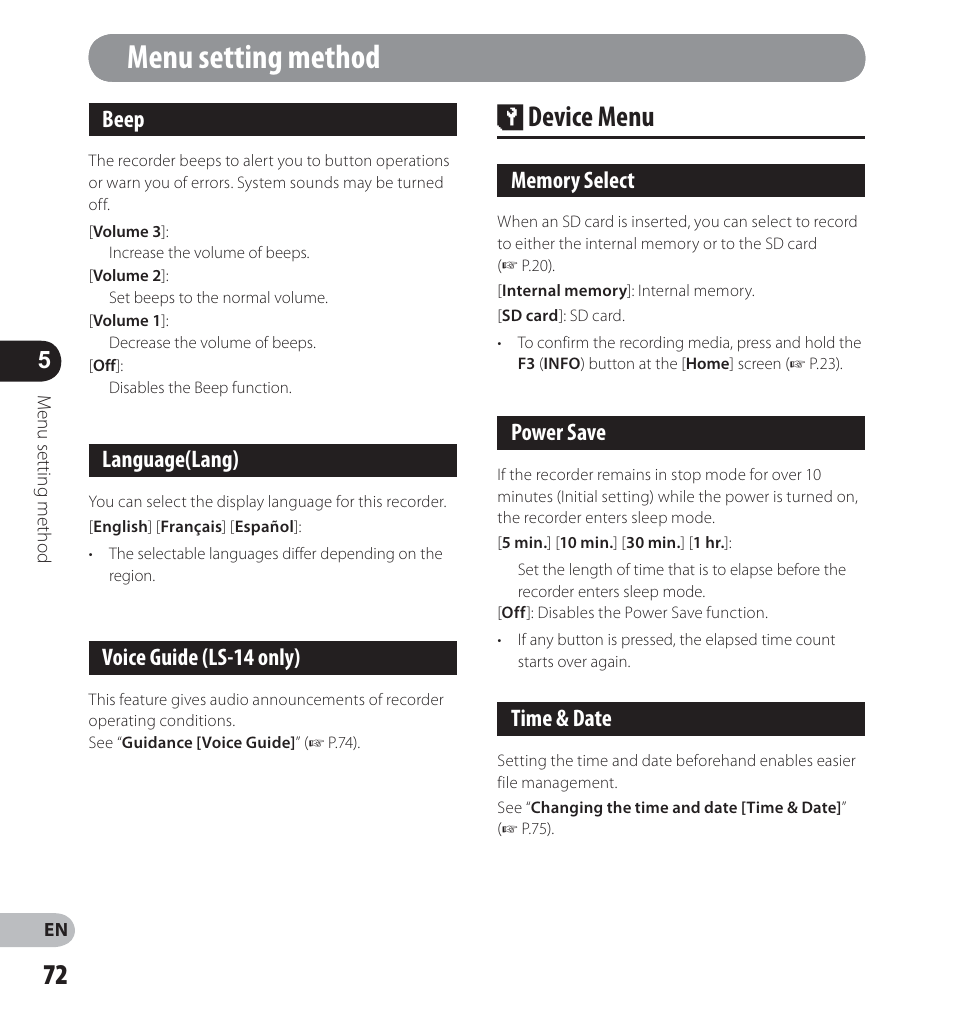 Menu setting method, Device menu, Beep | Language(lang), Voice guide (ls-14 only), Power save, Time & date | Olympus LS-12 User Manual | Page 72 / 100