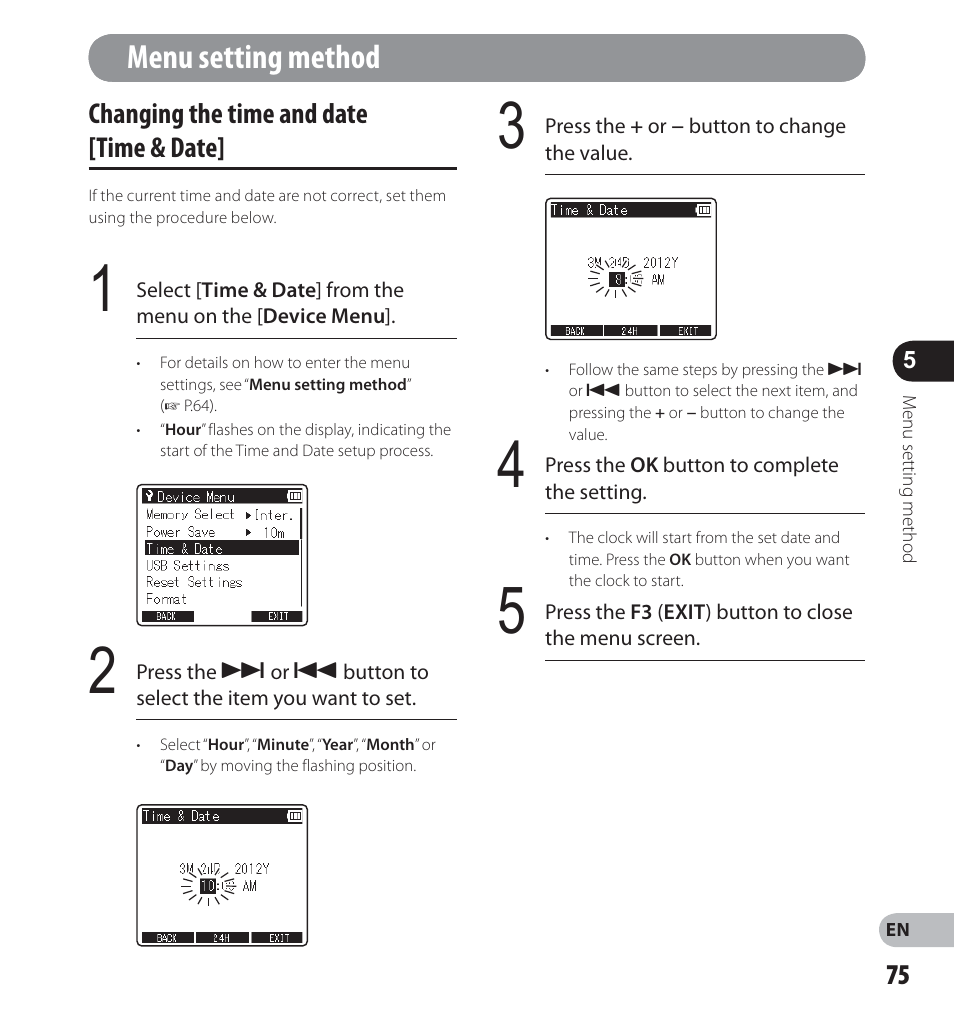 Menu setting method | Olympus LS-12 User Manual | Page 75 / 100