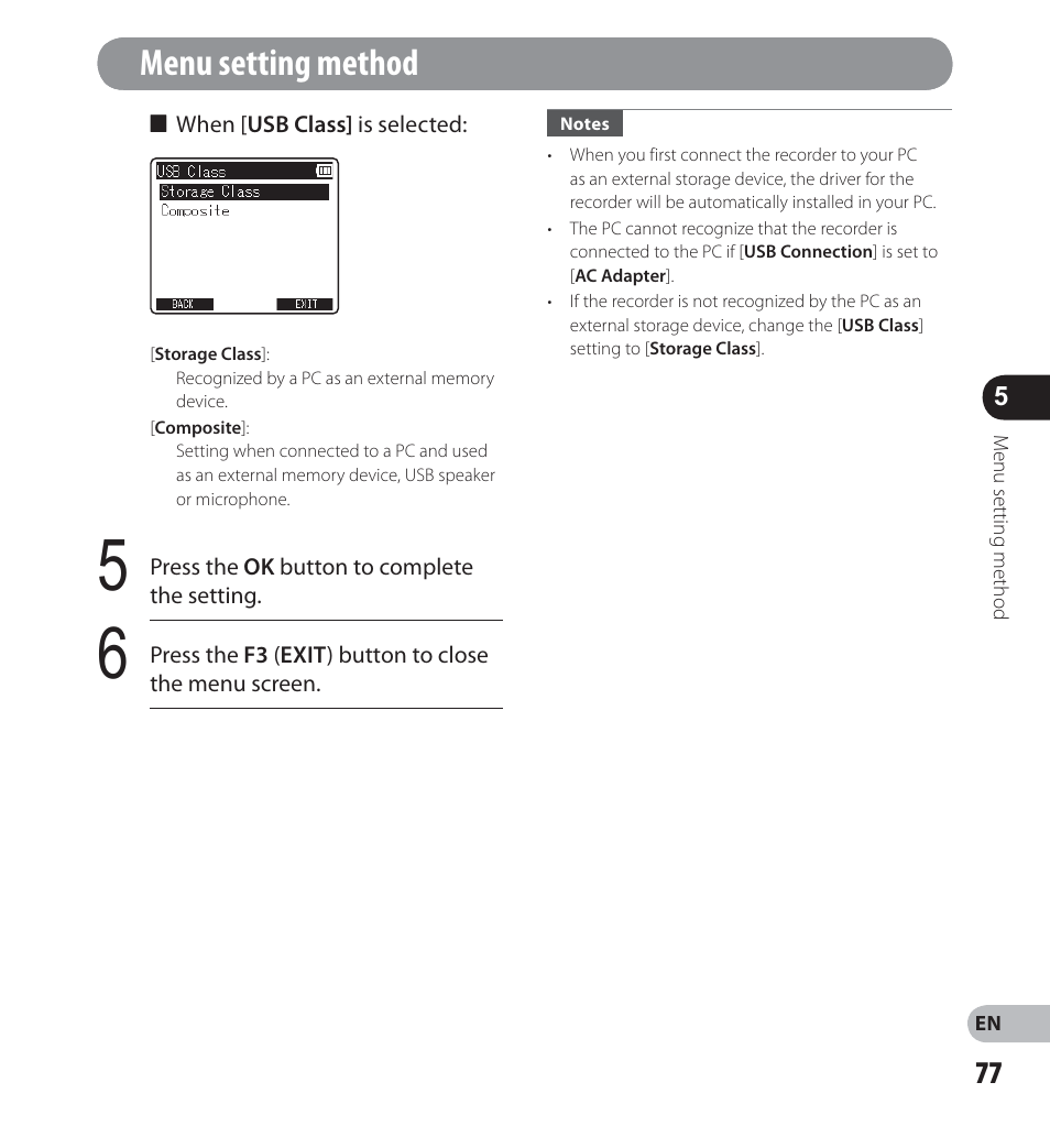 Menu setting method | Olympus LS-12 User Manual | Page 77 / 100