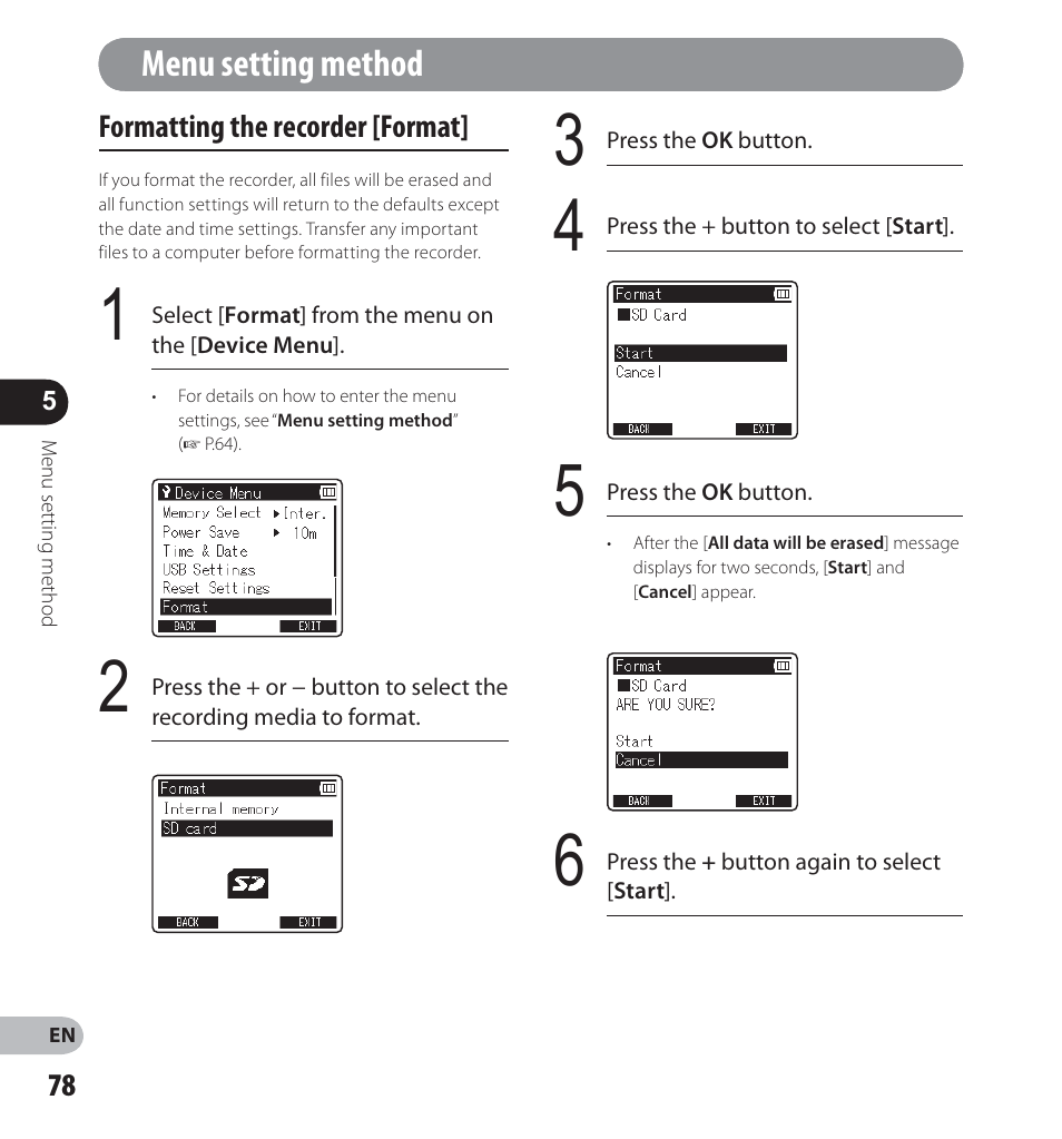 Menu setting method | Olympus LS-12 User Manual | Page 78 / 100
