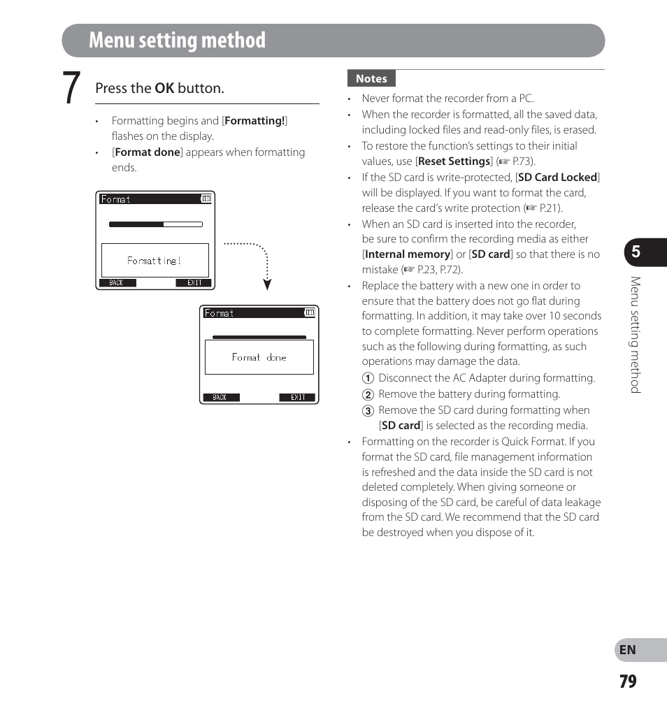 Menu setting method | Olympus LS-12 User Manual | Page 79 / 100