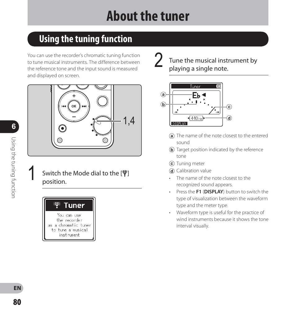 About the tuner, Using the tuning function | Olympus LS-12 User Manual | Page 80 / 100