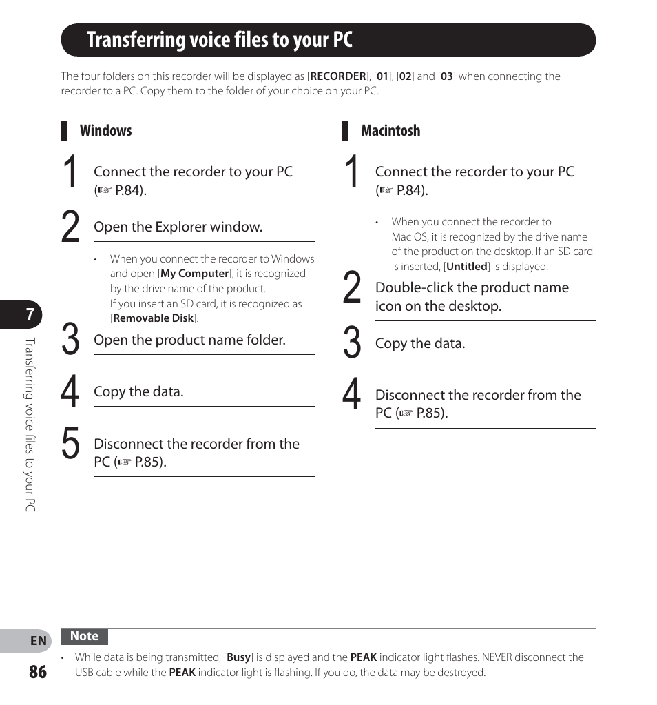 Transferring voice files to your pc | Olympus LS-12 User Manual | Page 86 / 100