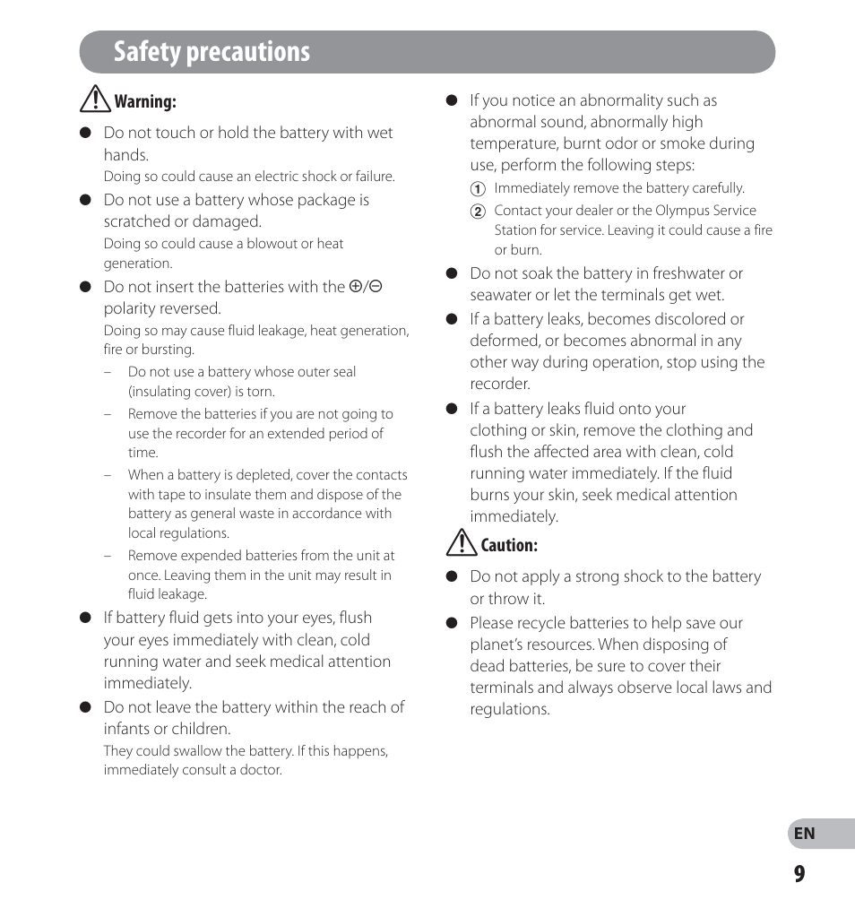 Safety precautions | Olympus LS-12 User Manual | Page 9 / 100