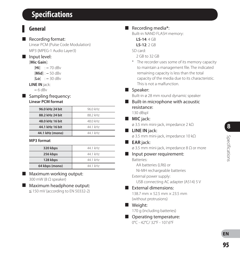 Specifications, General | Olympus LS-12 User Manual | Page 95 / 100