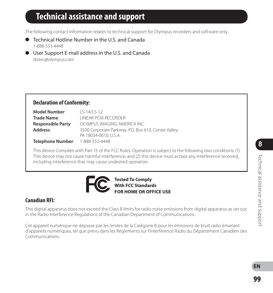 Technical assistance and support | Olympus LS-12 User Manual | Page 99 / 100