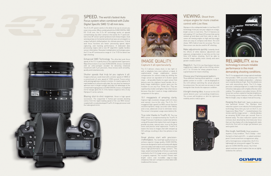 Speed, Image quality, Viewing | Reliability, Capture it all spectacularly | Olympus E-3 User Manual | Page 2 / 3