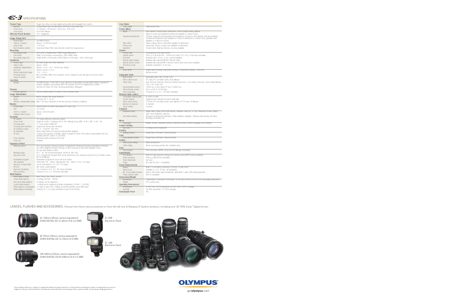 Specifications lenses, flashes and accessories | Olympus E-3 User Manual | Page 3 / 3