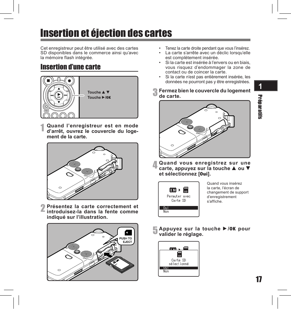 Insertion et éjection des cartes, Insertion d’une carte | Olympus LS-10S User Manual | Page 103 / 260