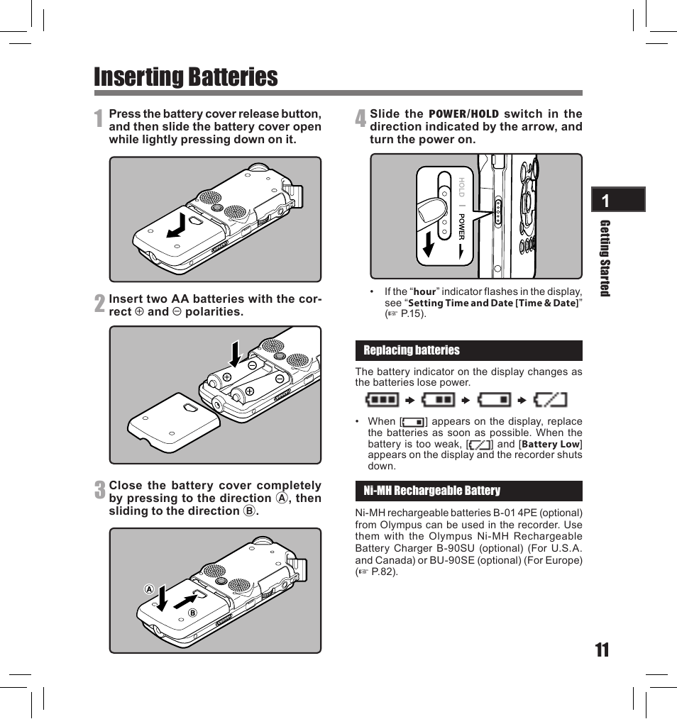 Inserting batteries | Olympus LS-10S User Manual | Page 11 / 260