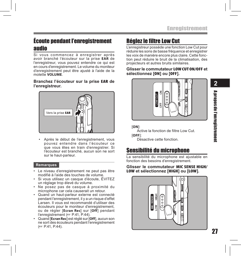 Réglez le filtre low cut, Écoute pendant l’enregistrement audio, Sensibilité du microphone | Enregistrement | Olympus LS-10S User Manual | Page 113 / 260