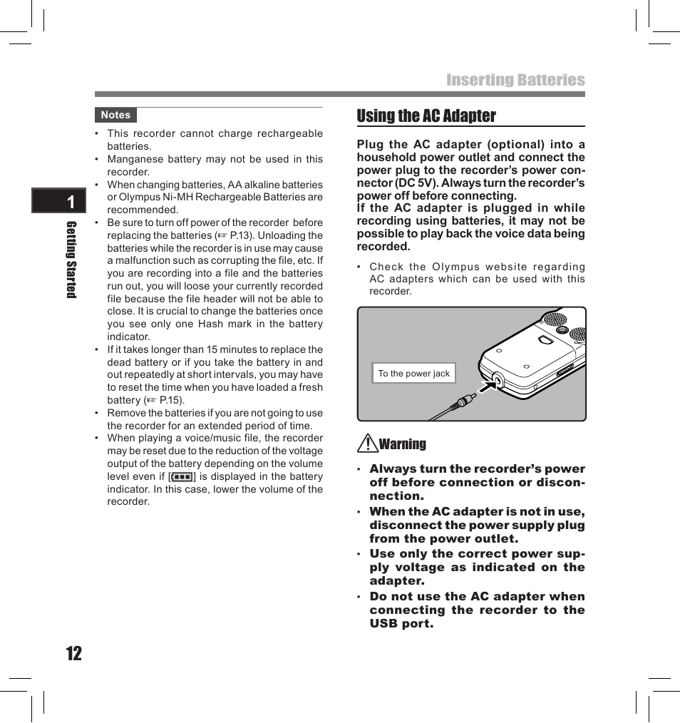 Using the ac adapter, Inserting batteries | Olympus LS-10S User Manual | Page 12 / 260