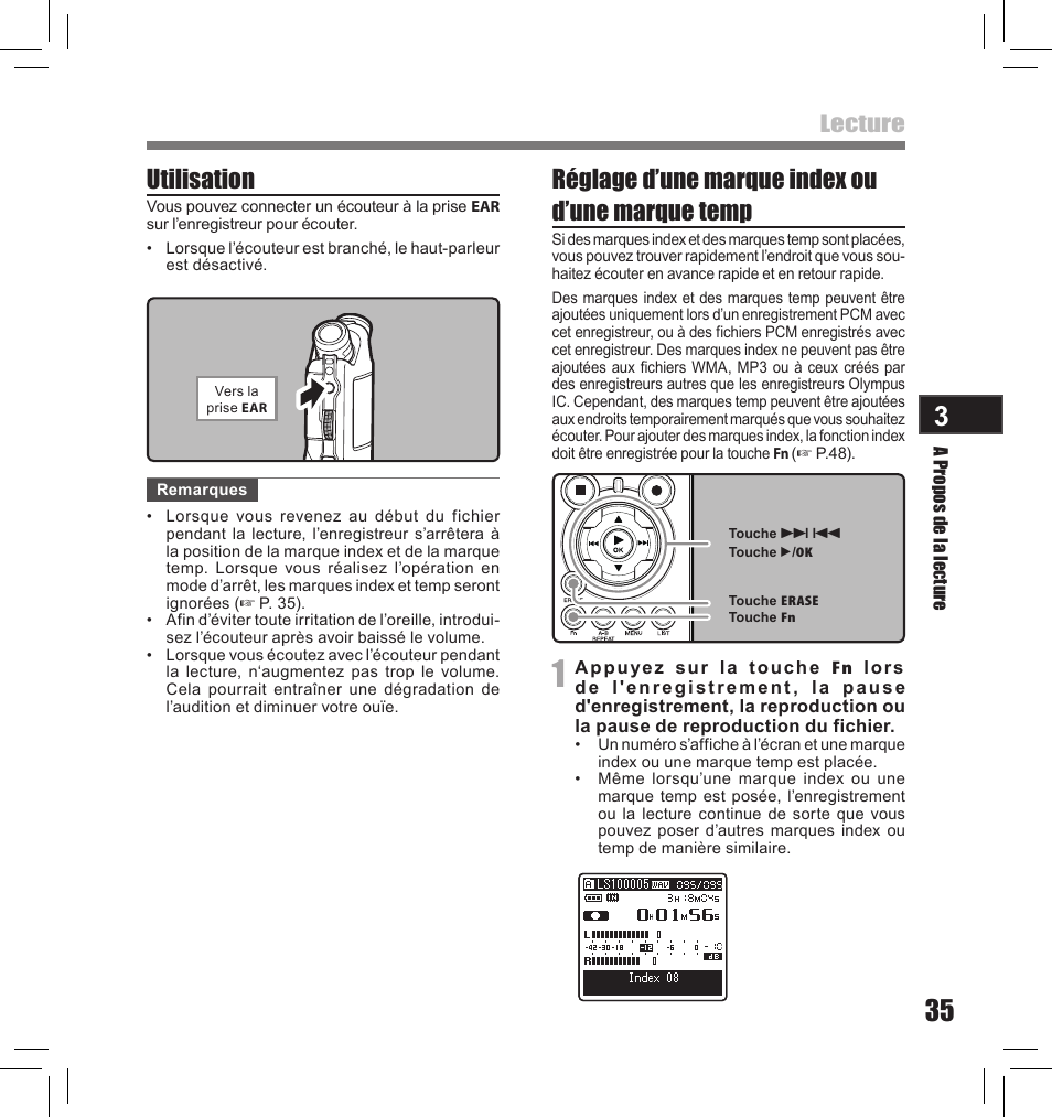 Utilisation, Réglage d’une marque index ou d’une marque temp, Lecture | Olympus LS-10S User Manual | Page 121 / 260