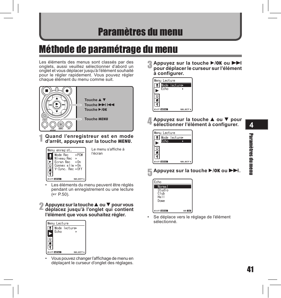 Méthode de paramétrage du menu, Paramètres du menu | Olympus LS-10S User Manual | Page 127 / 260