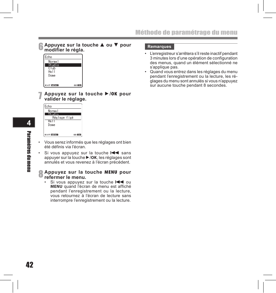 Méthode de paramétrage du menu | Olympus LS-10S User Manual | Page 128 / 260