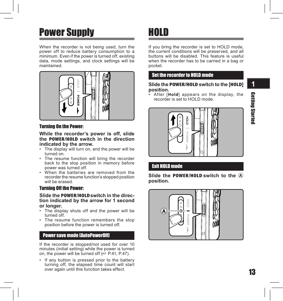 Power supply, Hold | Olympus LS-10S User Manual | Page 13 / 260