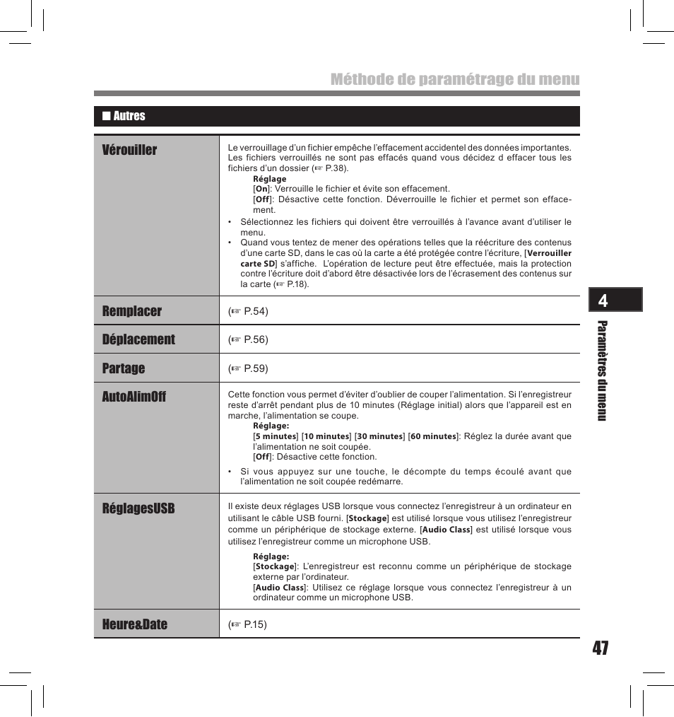 Méthode de paramétrage du menu, Vérouiller, Remplacer | Déplacement, Partage, Autoalimoff, Réglagesusb, Heure&date | Olympus LS-10S User Manual | Page 133 / 260