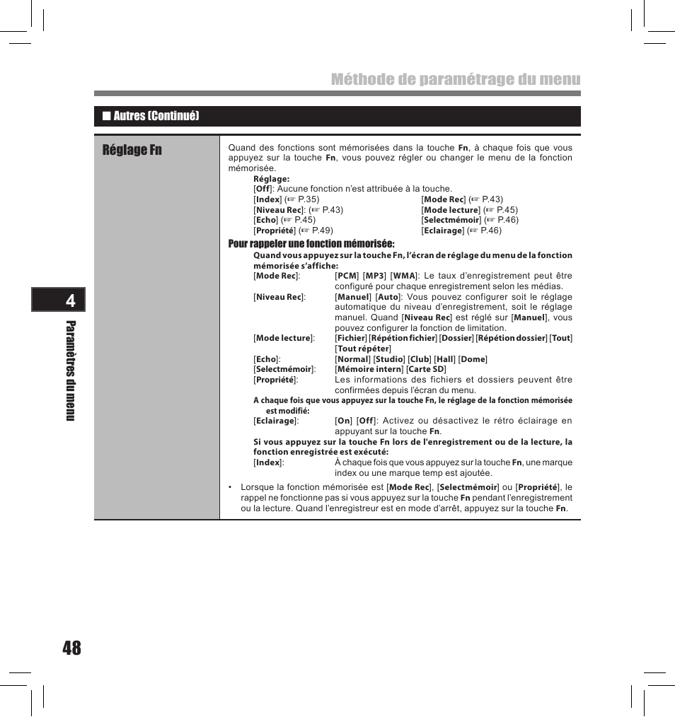 Méthode de paramétrage du menu, Réglage fn | Olympus LS-10S User Manual | Page 134 / 260