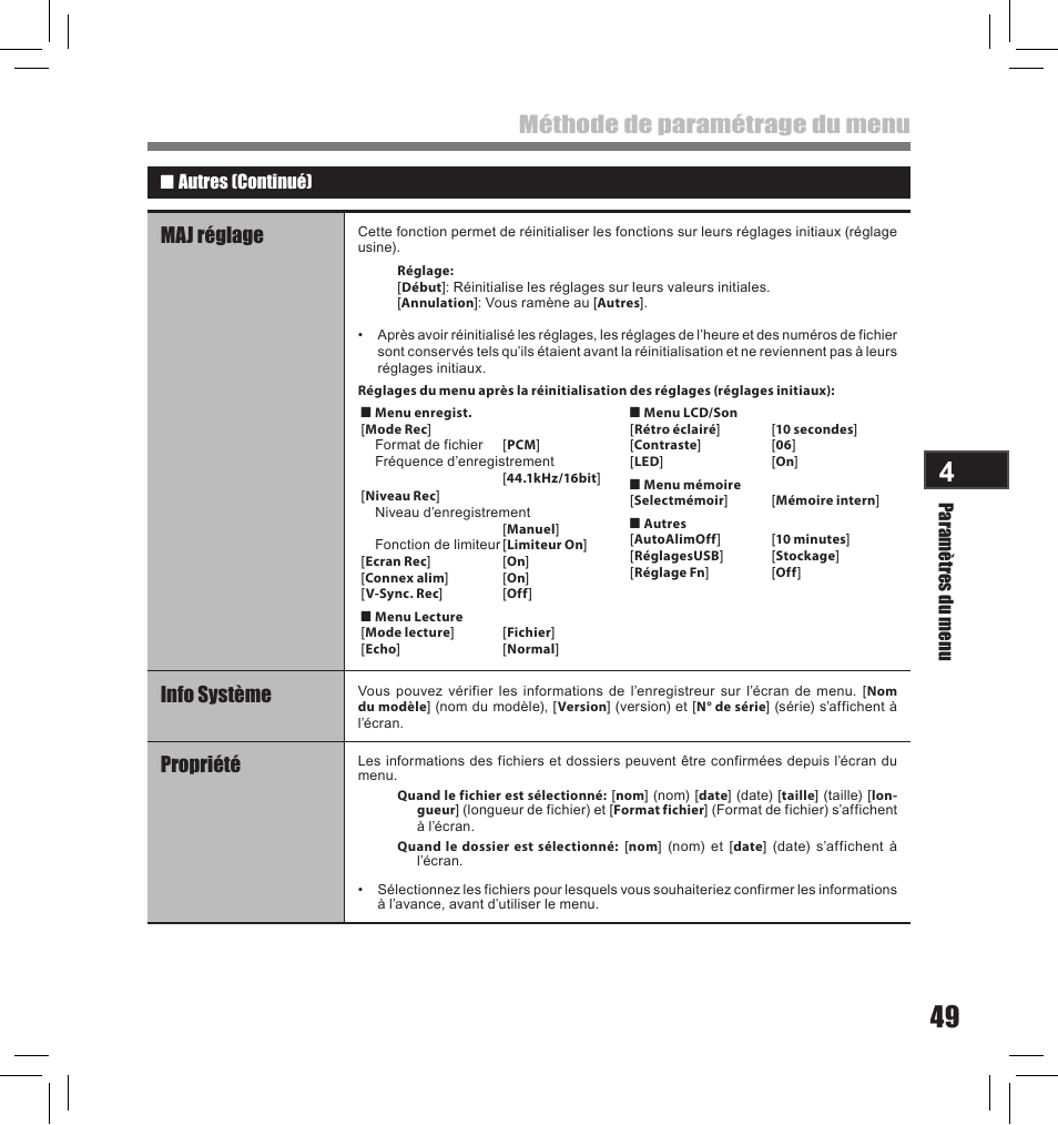 Méthode de paramétrage du menu, Maj réglage, Info système | Propriété | Olympus LS-10S User Manual | Page 135 / 260