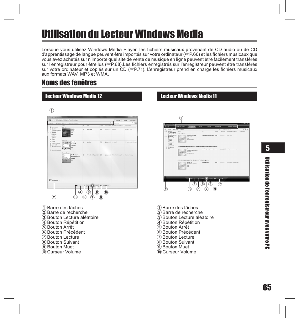 Utilisation du lecteur windows media, Noms des fenêtres | Olympus LS-10S User Manual | Page 151 / 260