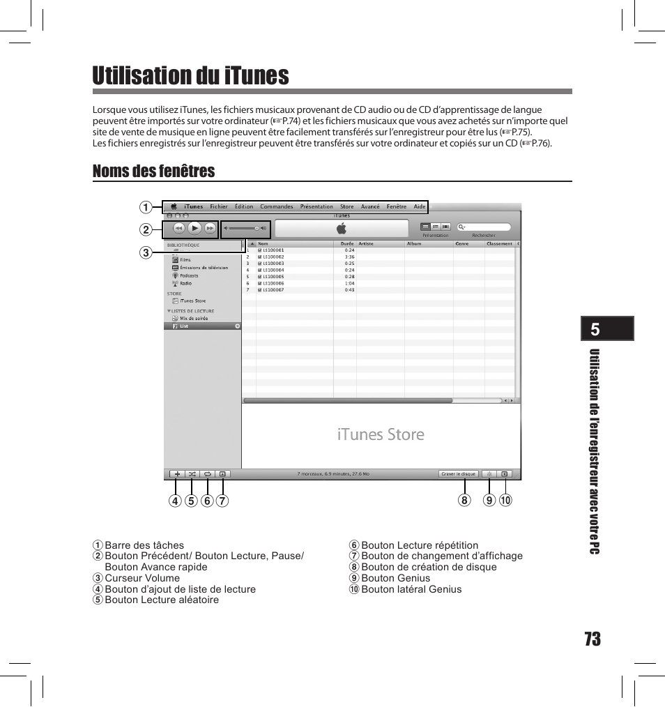 Utilisation du itunes, Noms des fenêtres | Olympus LS-10S User Manual | Page 159 / 260