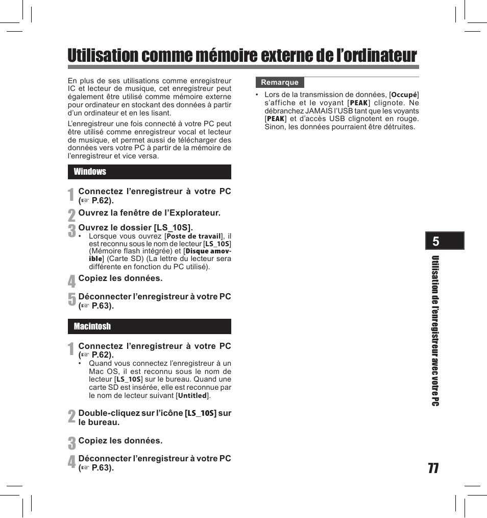 Utilisation comme mémoire externe de l’ordinateur | Olympus LS-10S User Manual | Page 163 / 260