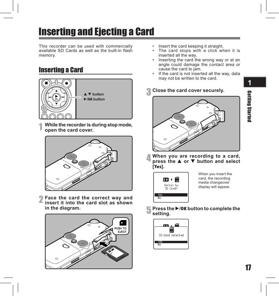 Inserting and ejecting a card, Inserting a card | Olympus LS-10S User Manual | Page 17 / 260