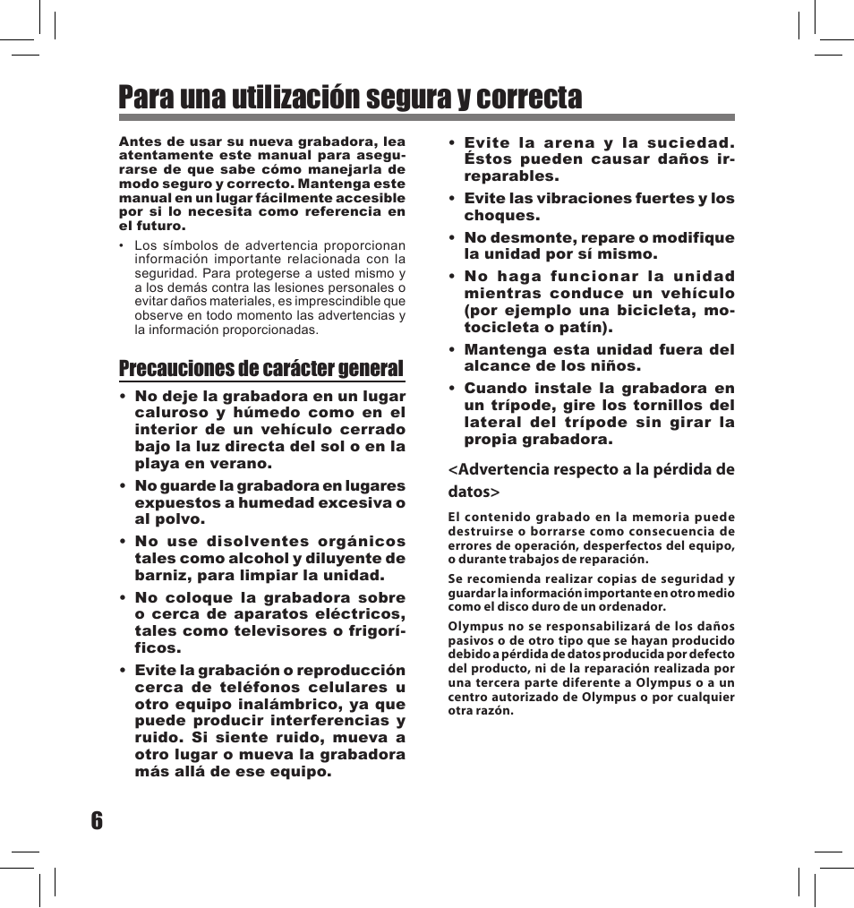 Para una utilización segura y correcta, Precauciones de carácter general | Olympus LS-10S User Manual | Page 178 / 260