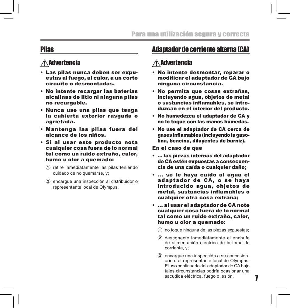 Pilas, Adaptador de corriente alterna (ca), Advertencia | Para una utilización segura y correcta | Olympus LS-10S User Manual | Page 179 / 260