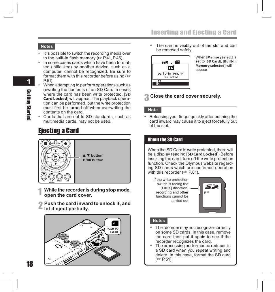 Ejecting a card, Inserting and ejecting a card | Olympus LS-10S User Manual | Page 18 / 260