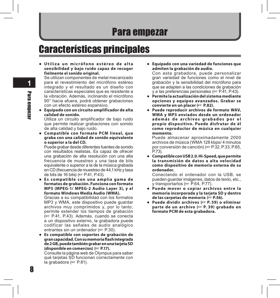 Características principales, Para empezar | Olympus LS-10S User Manual | Page 180 / 260