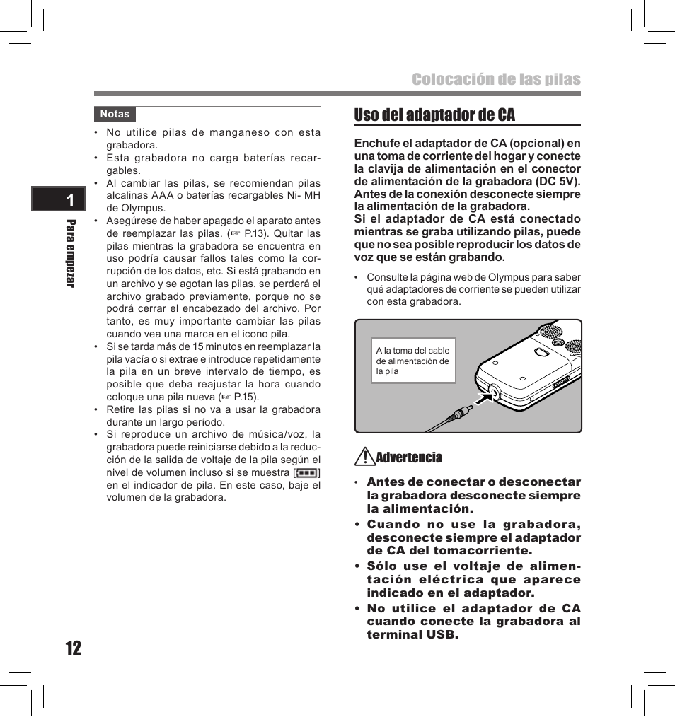 Uso del adaptador de ca, Colocación de las pilas | Olympus LS-10S User Manual | Page 184 / 260